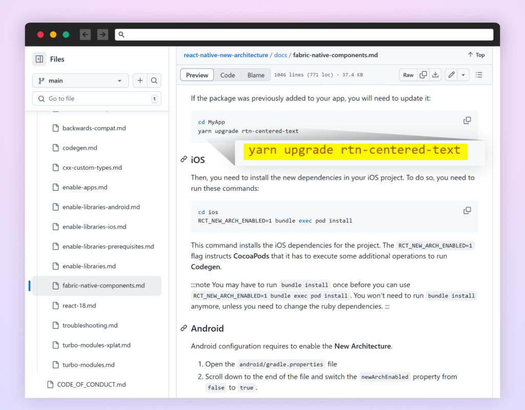 guide suggesting using “yarn upgrade rtn-centered-text” to update local development packages.