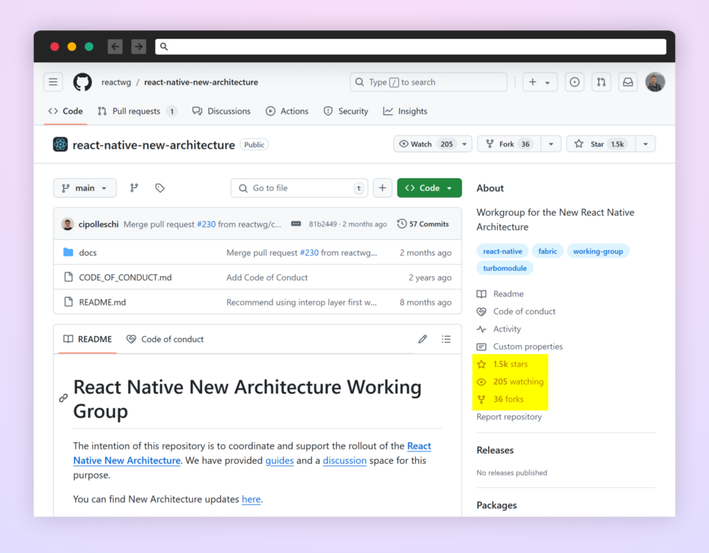 official react native new architecture repo with 1.5k stars
