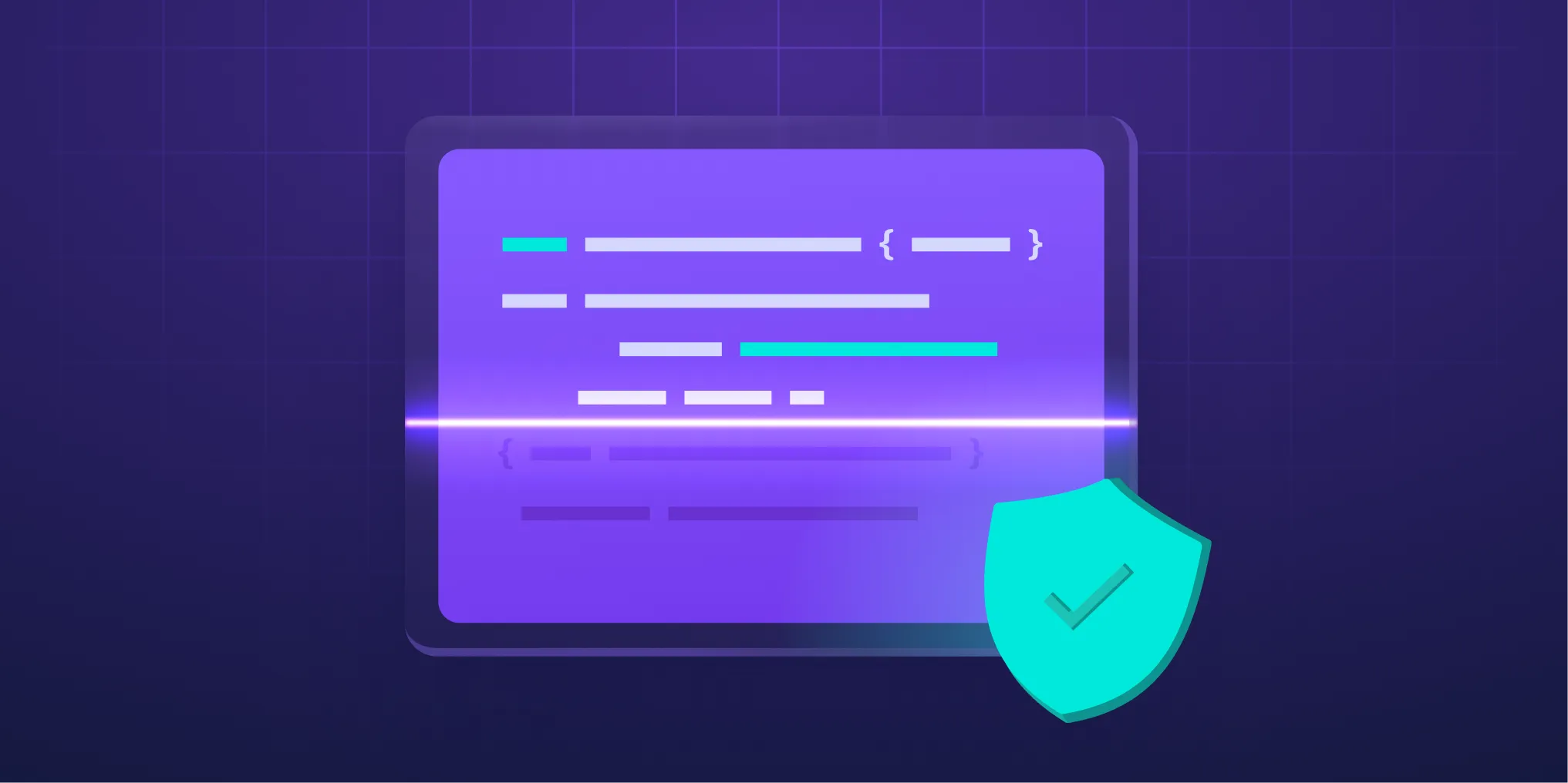 Stylized code editor interface with a glowing scan line and security shield icon, representing SCA meaning in the context of secure development and IDE-integrated application security.
