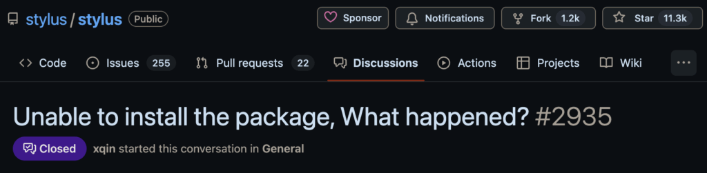 GitHub Issue in the stylus package, #2935 - Unable to install the package, What happened?