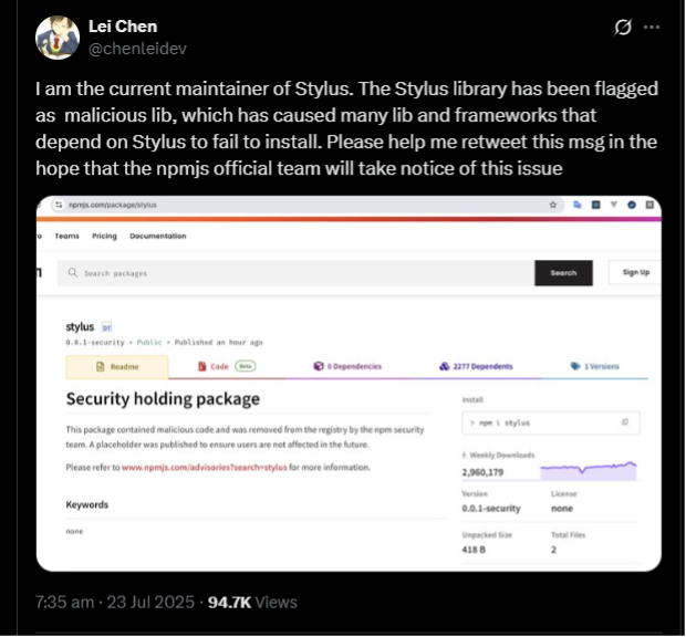 Tweet from @chenleidev, explaining they are the maintainer of Stylus, that it was flagged as malicious, and asking for help resolving it.