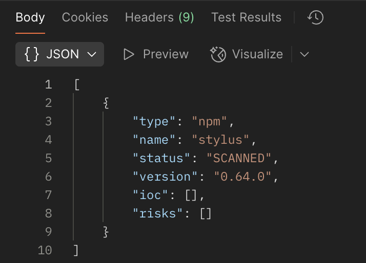 JSON output screenshot showing stylus 0.64.0 correctly reported as not having identified malicious or suspicious risks