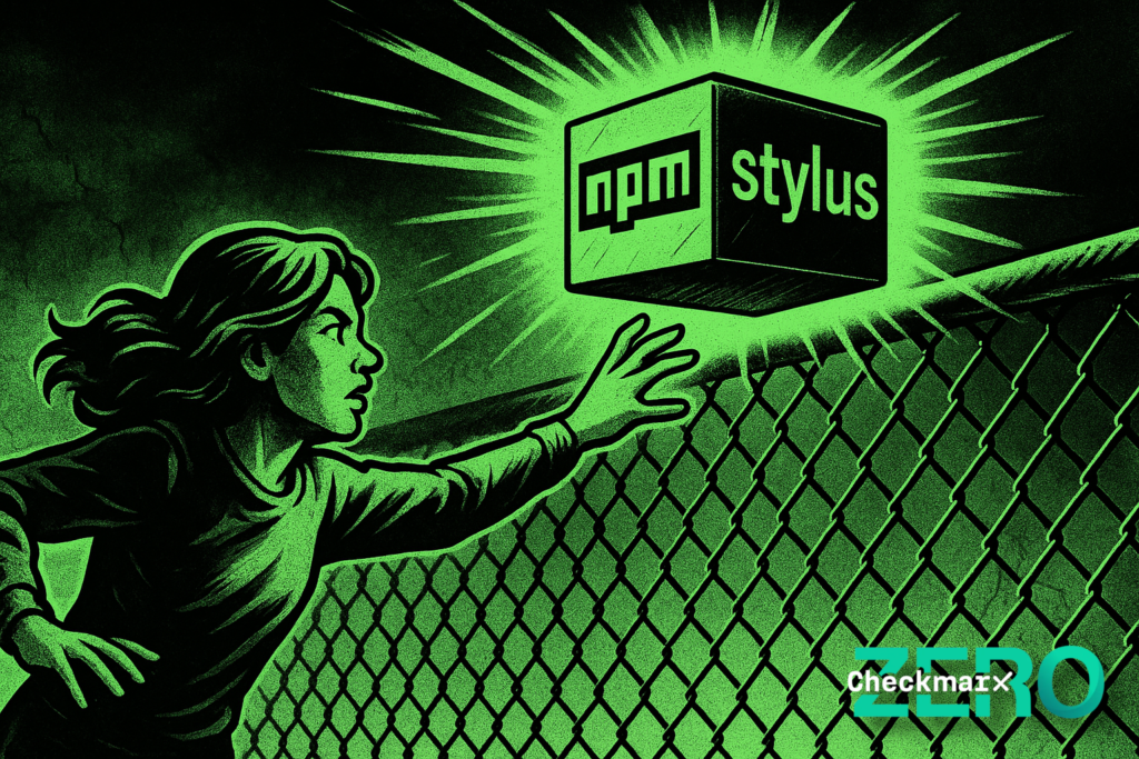 A developer reaching for the NPM stylus package, depicted as a shining box, but being stopped by a chainlink fence