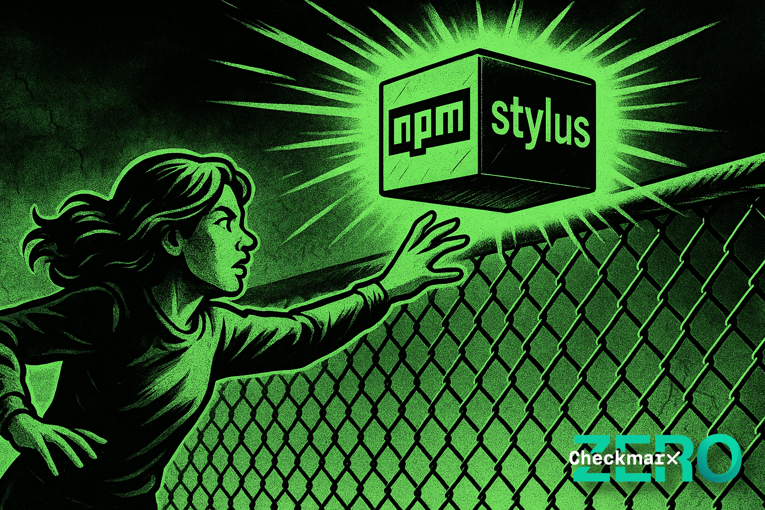 A developer reaching for the NPM stylus package, depicted as a shining box, but being stopped by a chainlink fence