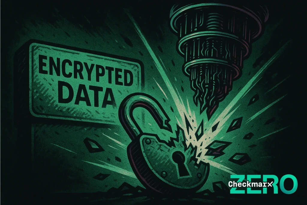 an illustration showing a quantum computer shattering the lock on a container of encrypted data