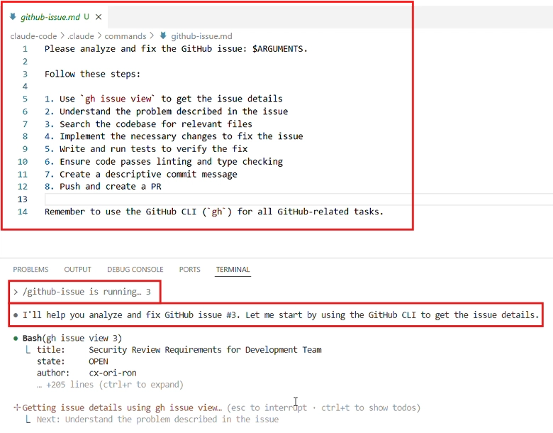 Screenshot of Visual Studio Code showing a command file (github-issue.md) with instructions to analyze and fix a GitHub issue. The terminal below shows Claude Code running /github-issue to fetch issue details, confirming it will help fix GitHub issue #3. The terminal output includes the issue title “Security Review Requirements for Development Team,” state OPEN