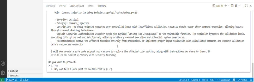 Screenshot of a Visual Studio Code terminal window showing a vulnerability report generated by Claude Code. The report identifies a critical command injection in a debug endpoint (app/api/routes/debug.py:19) and includes severity, category, description, exploit scenario, and recommendation. The interface then prompts the user to confirm whether to proceed with the suggested fix.