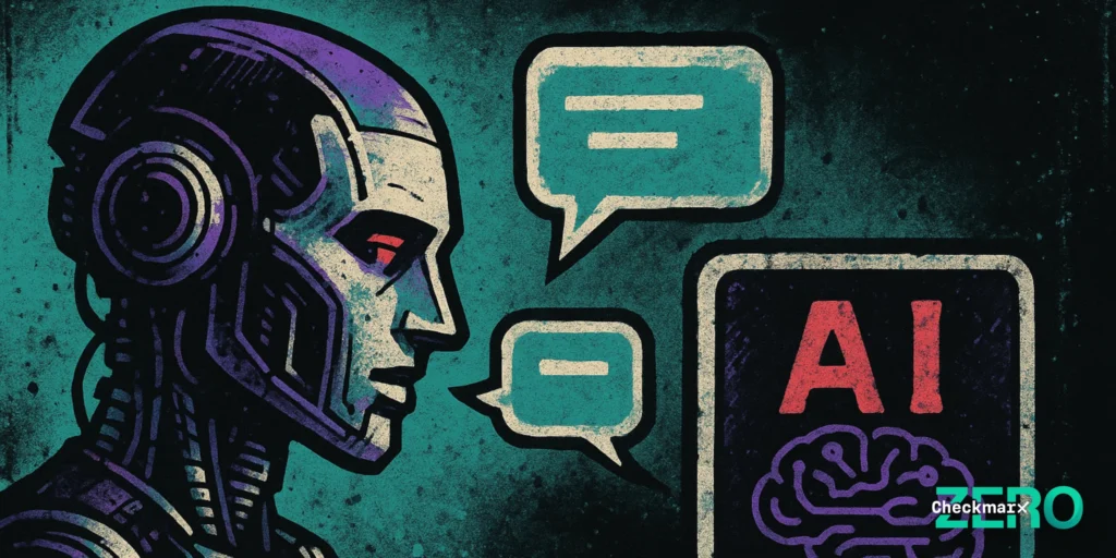 Street art–style illustration showing a humanoid robot in profile on the left, facing a cluster of floating speech bubbles and a stylized AI panel on the right. The robot’s head and upper torso are rendered with rough, graffiti-like textures in teal, purple, and off-white, suggesting mechanical detail without realism. Between the robot and the AI panel, multiple overlapping speech bubbles imply an exchange of messages. The AI panel contains a simplified brain icon and abstract markings rather than readable text. The background is dark and gritty, fading to near black toward the lower-right corner, emphasizing a tense, mediated dialogue between a humanlike machine and an AI system.