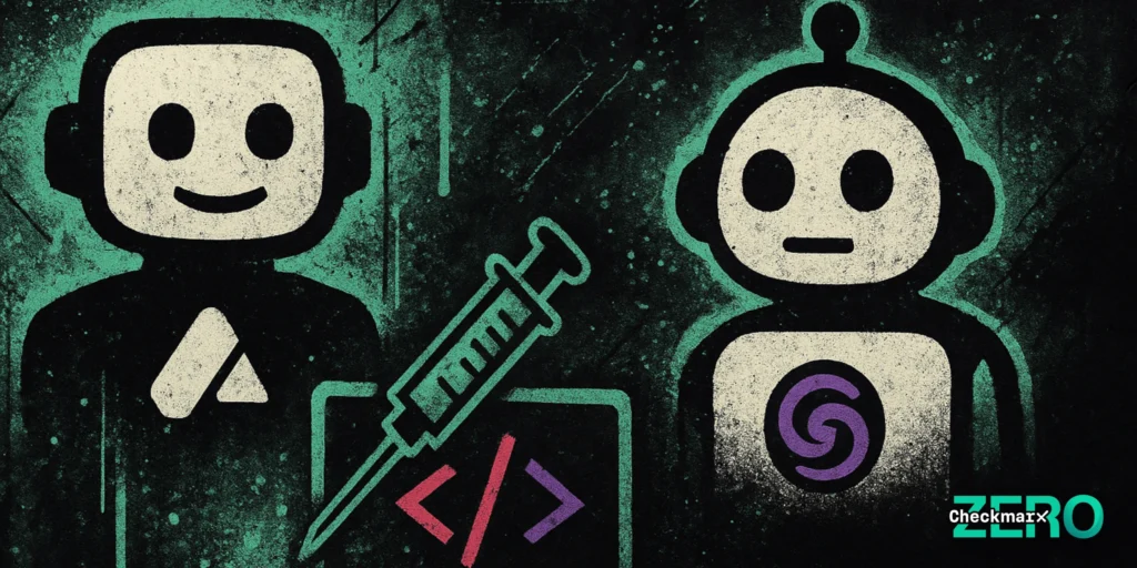 Street-art-style cyberpunk illustration of two AI chatbot figures with headset silhouettes flanking a computer monitor as a syringe injects code into the screen; neon green, black, purple, and red accents on a gritty graffiti background suggest ‘markdown injection’ attacks against AI systems