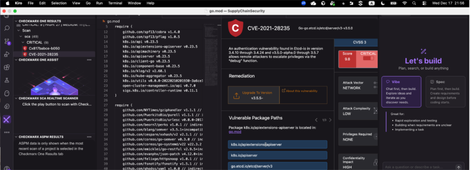 Checkmarx One Developer Assist scanning in real time from within the Kiro IDE