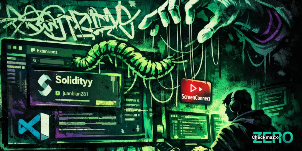 a developer at a workstation is tugged by puppet strings from a large ghostly hand above, while a VS Code extensions screen shows “Solidity” and a “ScreenConnect” tag, suggesting a compromised dev setup.
