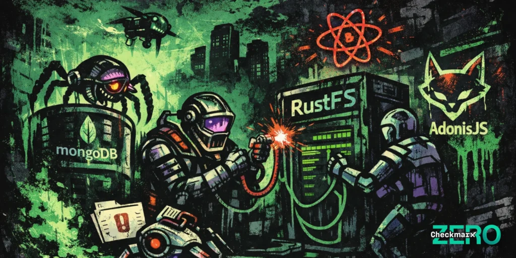 A graffiti style image showing workers working on servers with labels of several open-source systems.