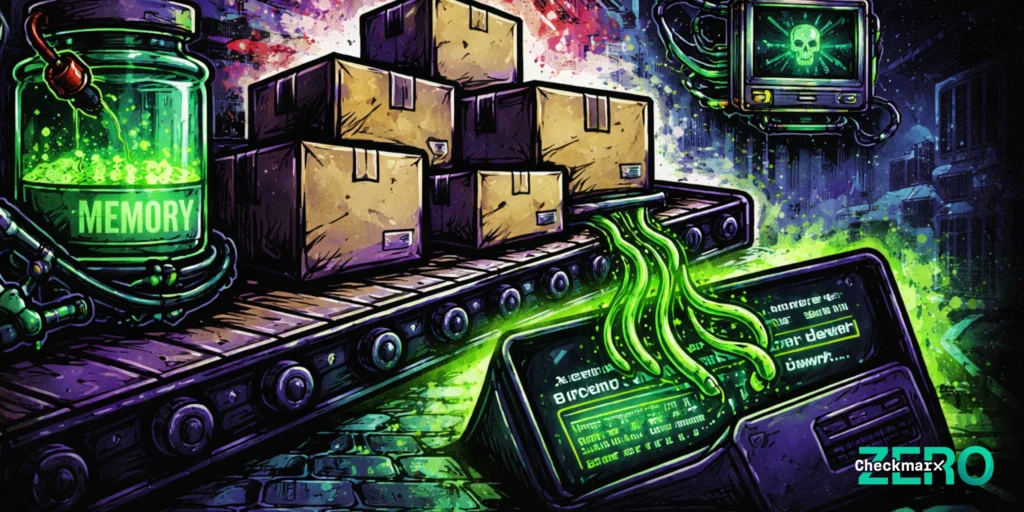 A vibrant, comic book-style illustration showing a conveyor belt with cardboard boxes, a glowing green jar labeled 'MEMORY', and bright green slime flowing onto digital devices displaying code. An old monitor shows a green skull. The scene depicts digital corruption or a cybersecurity threat, with Checkmarx and ZERO logos.