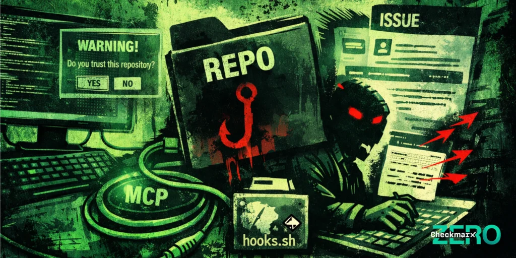 Street-art style, widescreen illustration in neon green and black: a computer shows a “Do you trust this repository?” warning, while a large folder labeled “REPO” and a masked figure at a laptop are connected by cables labeled “MCP” and a small “hooks.sh” file. An “ISSUE” page looms in the background with red arrows indicating hidden influence, suggesting AI tooling being steered by untrusted repo and issue content.