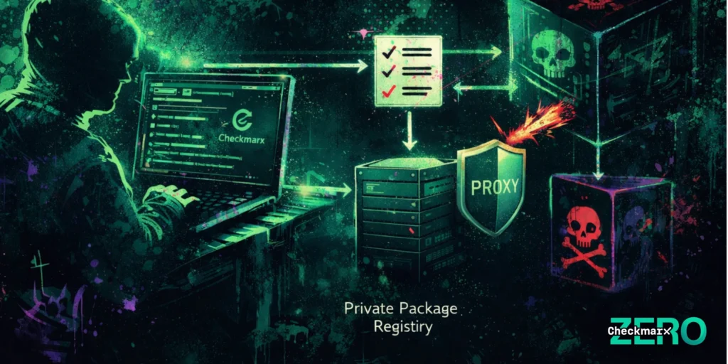 Digital illustration showing a hooded figure on a laptop with the Checkmarx logo. Arrows depict a security process: code scanning (checklist), private package registry, and a proxy shield blocking a skull and crossbones (malicious package) with a fiery burst. Checkmarx ZERO logo is visible.