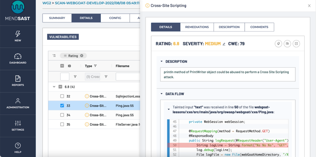 Mend io dashboard screenshot