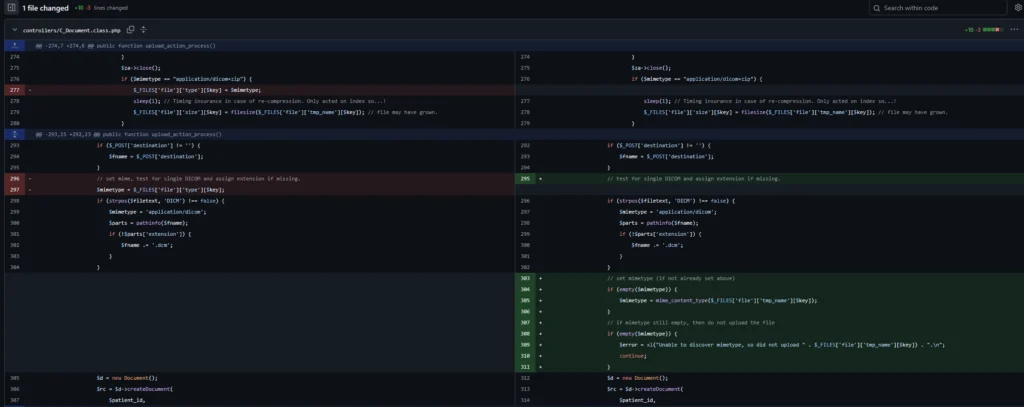 (AI generated description follows). Screenshot of a dark-theme code review diff for controllers/C_Document.class.php, showing 1 file changed with 10 additions and 3 deletions. The view is split into two side-by-side panes: removed lines highlighted in red on the left and added lines in green on the right. The changes appear inside a PHP function related to upload_action_process(). One removed line sets $mimetype from the uploaded file type directly. New added logic later in the function checks whether $mimetype is empty, tries to detect it with mime_content_type(...), and if detection still fails, logs an error and skips uploading the file with continue;. The interface includes line numbers, a search box labeled “Search within code” in the top right, and overall resembles a GitHub-style pull request diff.