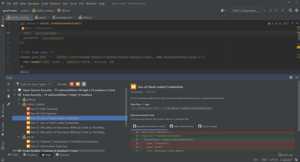 snyk dashboard printscreen
